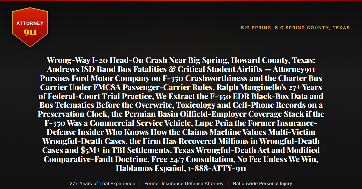 Wrong-Way I-20 Head-On Crash Near Big Spring, Howard County, Texas: Andrews ISD Band Bus Fatalities & Critical Student Airlifts — Attorney911 Pursues Ford Motor Company on F-350 Crashworthiness and the Charter Bus Carrier Under FMCSA Passenger-Carrier Rules, Ralph Manginello's 27+ Years of Federal-Court Trial Practice, We Extract the F-350 EDR Black-Box Data and Bus Telematics Before the Overwrite, Toxicology and Cell-Phone Records on a Preservation Clock, the Permian Basin Oilfield-Employer Coverage Stack if the F-350 Was a Commercial Service Vehicle, Lupe Peña the Former Insurance-Defense Insider Who Knows How the Claims Machine Values Multi-Victim Wrongful-Death Cases, the Firm Has Recovered Millions in Wrongful-Death Cases and $5M+ in TBI Settlements, Texas Wrongful-Death Act and Modified Comparative-Fault Doctrine, Free 24/7 Consultation, No Fee Unless We Win, Hablamos Español, 1-888-ATTY-911 - Attorney911