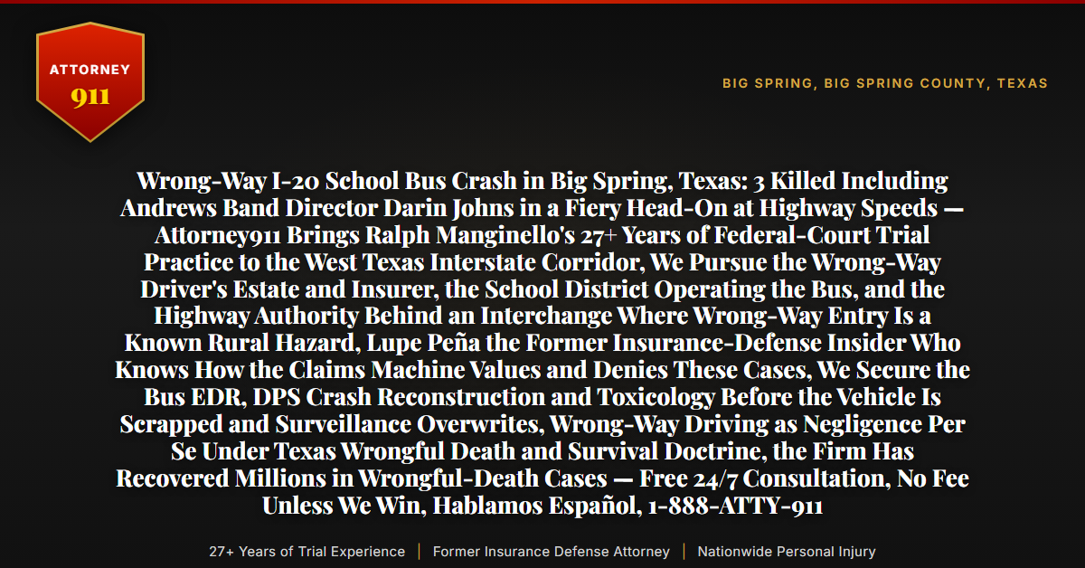 Wrong-Way I-20 School Bus Crash in Big Spring, Texas: 3 Killed Including Andrews Band Director Darin Johns in a Fiery Head-On at Highway Speeds — Attorney911 Brings Ralph Manginello's 27+ Years of Federal-Court Trial Practice to the West Texas Interstate Corridor, We Pursue the Wrong-Way Driver's Estate and Insurer, the School District Operating the Bus, and the Highway Authority Behind an Interchange Where Wrong-Way Entry Is a Known Rural Hazard, Lupe Peña the Former Insurance-Defense Insider Who Knows How the Claims Machine Values and Denies These Cases, We Secure the Bus EDR, DPS Crash Reconstruction and Toxicology Before the Vehicle Is Scrapped and Surveillance Overwrites, Wrong-Way Driving as Negligence Per Se Under Texas Wrongful Death and Survival Doctrine, the Firm Has Recovered Millions in Wrongful-Death Cases — Free 24/7 Consultation, No Fee Unless We Win, Hablamos Español, 1-888-ATTY-911 - Attorney911