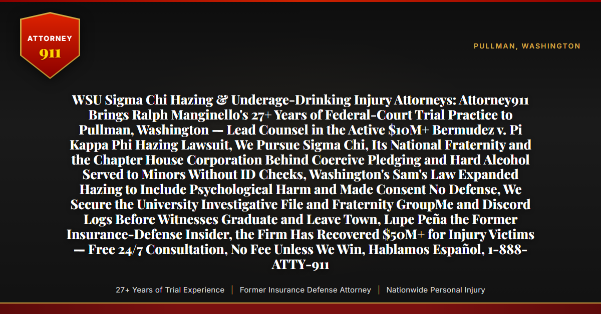 WSU Sigma Chi Hazing & Underage-Drinking Injury Attorneys: Attorney911 Brings Ralph Manginello's 27+ Years of Federal-Court Trial Practice to Pullman, Washington — Lead Counsel in the Active $10M+ Bermudez v. Pi Kappa Phi Hazing Lawsuit, We Pursue Sigma Chi, Its National Fraternity and the Chapter House Corporation Behind Coercive Pledging and Hard Alcohol Served to Minors Without ID Checks, Washington's Sam's Law Expanded Hazing to Include Psychological Harm and Made Consent No Defense, We Secure the University Investigative File and Fraternity GroupMe and Discord Logs Before Witnesses Graduate and Leave Town, Lupe Peña the Former Insurance-Defense Insider, the Firm Has Recovered $50M+ for Injury Victims — Free 24/7 Consultation, No Fee Unless We Win, Hablamos Español, 1-888-ATTY-911 - Attorney911
