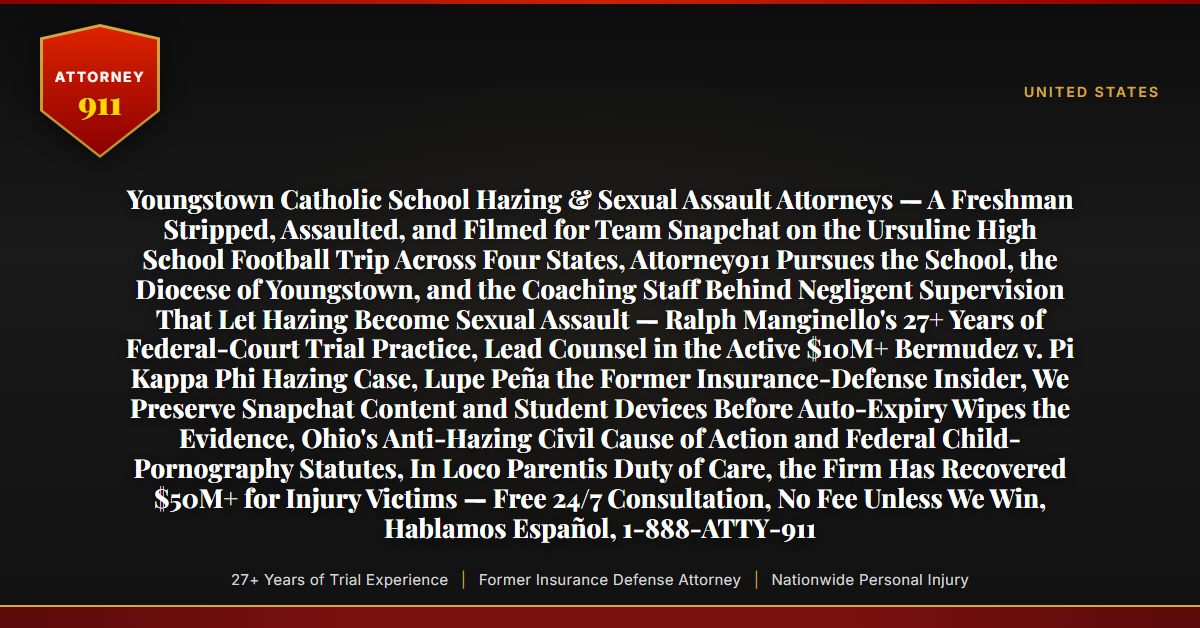 Youngstown Catholic School Hazing & Sexual Assault Attorneys — A Freshman Stripped, Assaulted, and Filmed for Team Snapchat on the Ursuline High School Football Trip Across Four States, Attorney911 Pursues the School, the Diocese of Youngstown, and the Coaching Staff Behind Negligent Supervision That Let Hazing Become Sexual Assault — Ralph Manginello's 27+ Years of Federal-Court Trial Practice, Lead Counsel in the Active $10M+ Bermudez v. Pi Kappa Phi Hazing Case, Lupe Peña the Former Insurance-Defense Insider, We Preserve Snapchat Content and Student Devices Before Auto-Expiry Wipes the Evidence, Ohio's Anti-Hazing Civil Cause of Action and Federal Child-Pornography Statutes, In Loco Parentis Duty of Care, the Firm Has Recovered $50M+ for Injury Victims — Free 24/7 Consultation, No Fee Unless We Win, Hablamos Español, 1-888-ATTY-911 - Attorney911