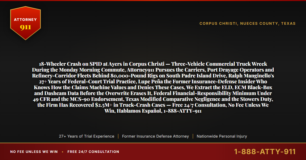 18-Wheeler Crash on SPID at Ayers in Corpus Christi — Three-Vehicle Commercial Truck Wreck During the Monday Morning Commute, Attorney911 Pursues the Carriers, Port Drayage Operators and Refinery-Corridor Fleets Behind 80,000-Pound Rigs on South Padre Island Drive, Ralph Manginello's 27+ Years of Federal-Court Trial Practice, Lupe Peña the Former Insurance-Defense Insider Who Knows How the Claims Machine Values and Denies These Cases, We Extract the ELD, ECM Black-Box and Dashcam Data Before the Overwrite Erases It, Federal Financial-Responsibility Minimum Under 49 CFR and the MCS-90 Endorsement, Texas Modified Comparative Negligence and the Stowers Duty, the Firm Has Recovered $2.5M+ in Truck-Crash Cases — Free 24/7 Consultation, No Fee Unless We Win, Hablamos Español, 1-888-ATTY-911 - Attorney911