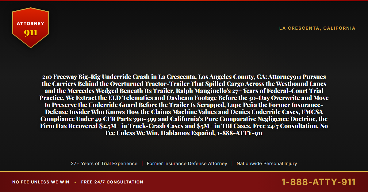 210 Freeway Big-Rig Underride Crash in La Crescenta, Los Angeles County, CA: Attorney911 Pursues the Carriers Behind the Overturned Tractor-Trailer That Spilled Cargo Across the Westbound Lanes and the Mercedes Wedged Beneath Its Trailer, Ralph Manginello's 27+ Years of Federal-Court Trial Practice, We Extract the ELD Telematics and Dashcam Footage Before the 30-Day Overwrite and Move to Preserve the Underride Guard Before the Trailer Is Scrapped, Lupe Peña the Former Insurance-Defense Insider Who Knows How the Claims Machine Values and Denies Underride Cases, FMCSA Compliance Under 49 CFR Parts 390-399 and California's Pure Comparative Negligence Doctrine, the Firm Has Recovered $2.5M+ in Truck-Crash Cases and $5M+ in TBI Cases, Free 24/7 Consultation, No Fee Unless We Win, Hablamos Español, 1-888-ATTY-911 - Attorney911