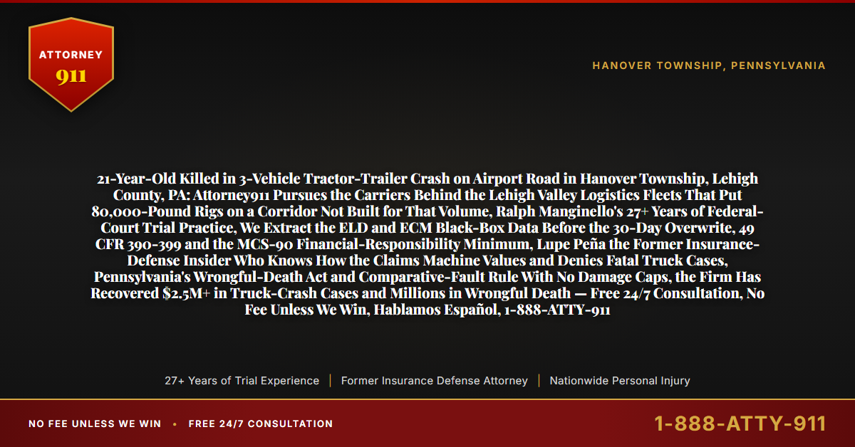 21-Year-Old Killed in 3-Vehicle Tractor-Trailer Crash on Airport Road in Hanover Township, Lehigh County, PA: Attorney911 Pursues the Carriers Behind the Lehigh Valley Logistics Fleets That Put 80,000-Pound Rigs on a Corridor Not Built for That Volume, Ralph Manginello's 27+ Years of Federal-Court Trial Practice, We Extract the ELD and ECM Black-Box Data Before the 30-Day Overwrite, 49 CFR 390-399 and the MCS-90 Financial-Responsibility Minimum, Lupe Peña the Former Insurance-Defense Insider Who Knows How the Claims Machine Values and Denies Fatal Truck Cases, Pennsylvania's Wrongful-Death Act and Comparative-Fault Rule With No Damage Caps, the Firm Has Recovered $2.5M+ in Truck-Crash Cases and Millions in Wrongful Death — Free 24/7 Consultation, No Fee Unless We Win, Hablamos Español, 1-888-ATTY-911 - Attorney911