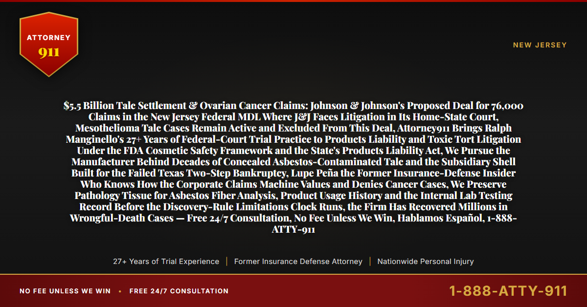 $5.5 Billion Talc Settlement & Ovarian Cancer Claims: Johnson & Johnson's Proposed Deal for 76,000 Claims in the New Jersey Federal MDL Where J&J Faces Litigation in Its Home-State Court, Mesothelioma Talc Cases Remain Active and Excluded From This Deal, Attorney911 Brings Ralph Manginello's 27+ Years of Federal-Court Trial Practice to Products Liability and Toxic Tort Litigation Under the FDA Cosmetic Safety Framework and the State's Products Liability Act, We Pursue the Manufacturer Behind Decades of Concealed Asbestos-Contaminated Talc and the Subsidiary Shell Built for the Failed Texas Two-Step Bankruptcy, Lupe Peña the Former Insurance-Defense Insider Who Knows How the Corporate Claims Machine Values and Denies Cancer Cases, We Preserve Pathology Tissue for Asbestos Fiber Analysis, Product Usage History and the Internal Lab Testing Record Before the Discovery-Rule Limitations Clock Runs, the Firm Has Recovered Millions in Wrongful-Death Cases — Free 24/7 Consultation, No Fee Unless We Win, Hablamos Español, 1-888-ATTY-911 - Attorney911