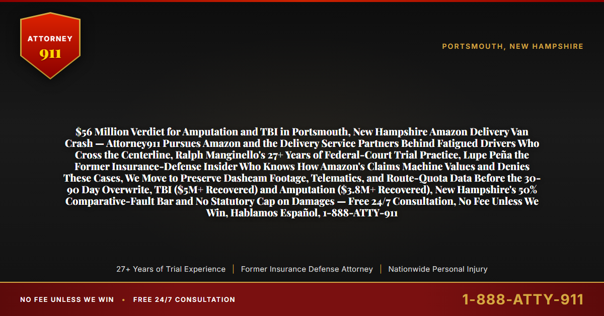$56 Million Verdict for Amputation and TBI in Portsmouth, New Hampshire Amazon Delivery Van Crash — Attorney911 Pursues Amazon and the Delivery Service Partners Behind Fatigued Drivers Who Cross the Centerline, Ralph Manginello's 27+ Years of Federal-Court Trial Practice, Lupe Peña the Former Insurance-Defense Insider Who Knows How Amazon's Claims Machine Values and Denies These Cases, We Move to Preserve Dashcam Footage, Telematics, and Route-Quota Data Before the 30-90 Day Overwrite, TBI ($5M+ Recovered) and Amputation ($3.8M+ Recovered), New Hampshire's 50% Comparative-Fault Bar and No Statutory Cap on Damages — Free 24/7 Consultation, No Fee Unless We Win, Hablamos Español, 1-888-ATTY-911 - Attorney911