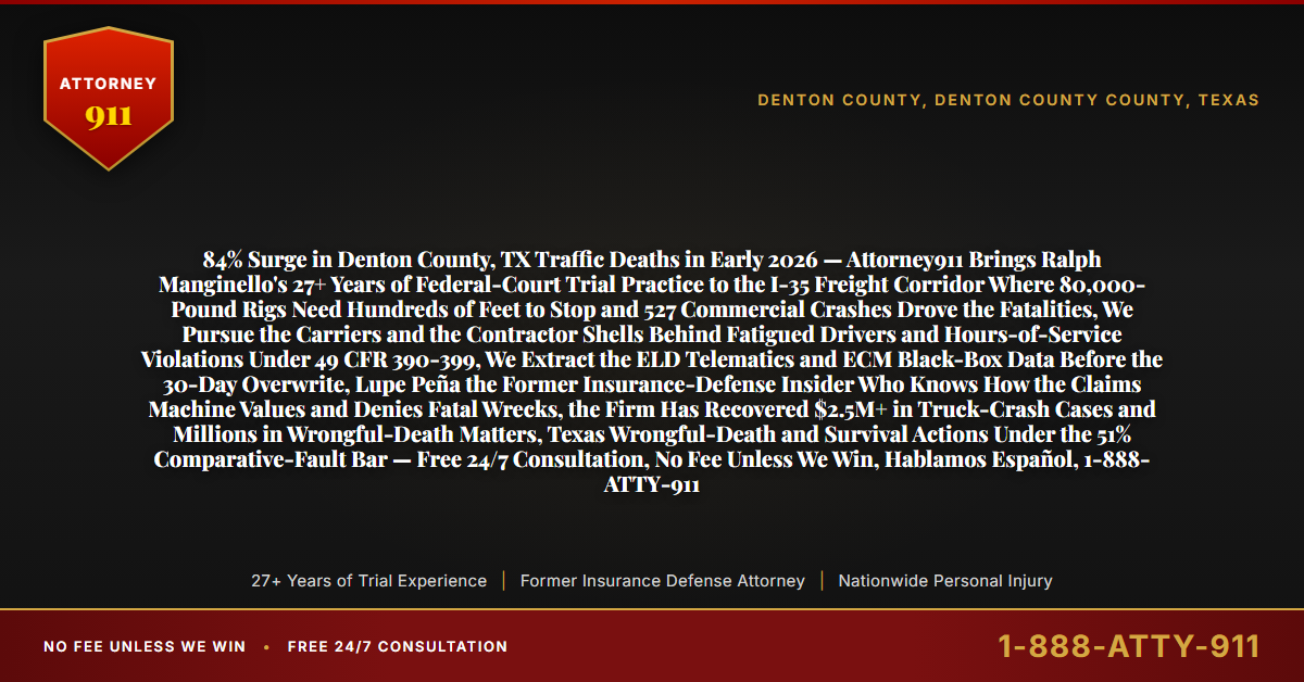 84% Surge in Denton County, TX Traffic Deaths in Early 2026 — Attorney911 Brings Ralph Manginello's 27+ Years of Federal-Court Trial Practice to the I-35 Freight Corridor Where 80,000-Pound Rigs Need Hundreds of Feet to Stop and 527 Commercial Crashes Drove the Fatalities, We Pursue the Carriers and the Contractor Shells Behind Fatigued Drivers and Hours-of-Service Violations Under 49 CFR 390-399, We Extract the ELD Telematics and ECM Black-Box Data Before the 30-Day Overwrite, Lupe Peña the Former Insurance-Defense Insider Who Knows How the Claims Machine Values and Denies Fatal Wrecks, the Firm Has Recovered $2.5M+ in Truck-Crash Cases and Millions in Wrongful-Death Matters, Texas Wrongful-Death and Survival Actions Under the 51% Comparative-Fault Bar — Free 24/7 Consultation, No Fee Unless We Win, Hablamos Español, 1-888-ATTY-911 - Attorney911