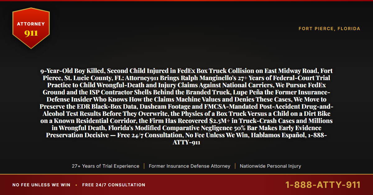 9-Year-Old Boy Killed, Second Child Injured in FedEx Box Truck Collision on East Midway Road, Fort Pierce, St. Lucie County, FL: Attorney911 Brings Ralph Manginello's 27+ Years of Federal-Court Trial Practice to Child Wrongful-Death and Injury Claims Against National Carriers, We Pursue FedEx Ground and the ISP Contractor Shells Behind the Branded Truck, Lupe Peña the Former Insurance-Defense Insider Who Knows How the Claims Machine Values and Denies These Cases, We Move to Preserve the EDR Black-Box Data, Dashcam Footage and FMCSA-Mandated Post-Accident Drug-and-Alcohol Test Results Before They Overwrite, the Physics of a Box Truck Versus a Child on a Dirt Bike on a Known Residential Corridor, the Firm Has Recovered $2.5M+ in Truck-Crash Cases and Millions in Wrongful Death, Florida's Modified Comparative Negligence 50% Bar Makes Early Evidence Preservation Decisive — Free 24/7 Consultation, No Fee Unless We Win, Hablamos Español, 1-888-ATTY-911 - Attorney911