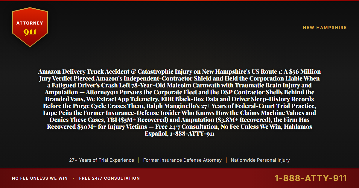 Amazon Delivery Truck Accident & Catastrophic Injury on New Hampshire's US Route 1: A $56 Million Jury Verdict Pierced Amazon's Independent-Contractor Shield and Held the Corporation Liable When a Fatigued Driver's Crash Left 78-Year-Old Malcolm Carnwath with Traumatic Brain Injury and Amputation — Attorney911 Pursues the Corporate Fleet and the DSP Contractor Shells Behind the Branded Vans, We Extract App Telemetry, EDR Black-Box Data and Driver Sleep-History Records Before the Purge Cycle Erases Them, Ralph Manginello's 27+ Years of Federal-Court Trial Practice, Lupe Peña the Former Insurance-Defense Insider Who Knows How the Claims Machine Values and Denies These Cases, TBI ($5M+ Recovered) and Amputation ($3.8M+ Recovered), the Firm Has Recovered $50M+ for Injury Victims — Free 24/7 Consultation, No Fee Unless We Win, Hablamos Español, 1-888-ATTY-911 - Attorney911