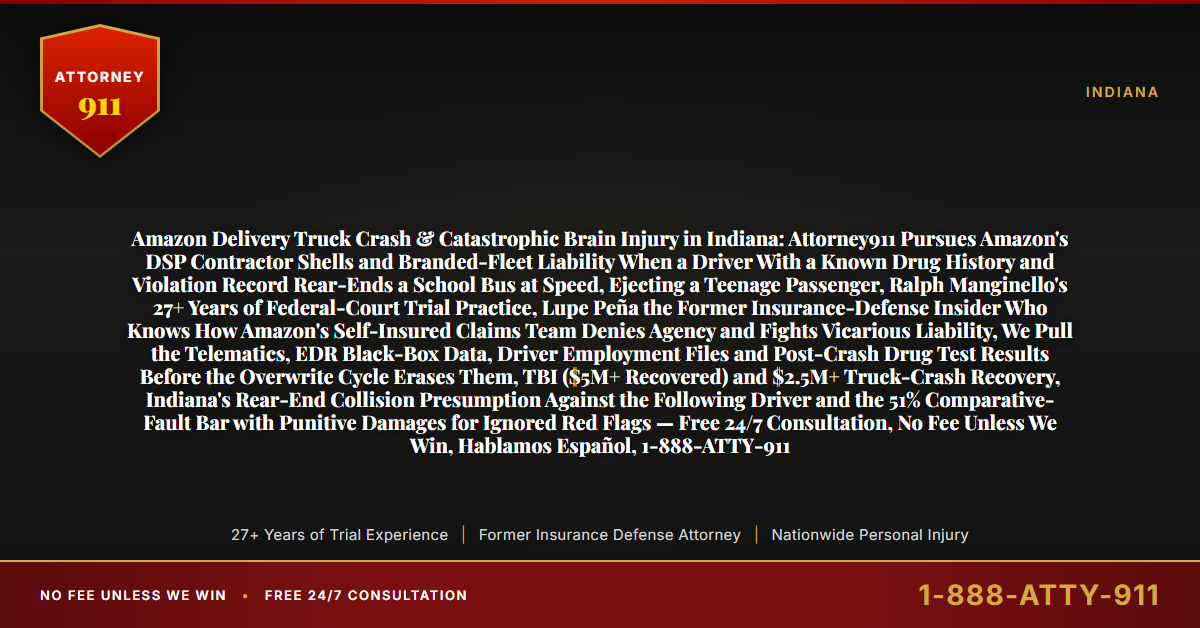 Amazon Delivery Truck Crash & Catastrophic Brain Injury in Indiana: Attorney911 Pursues Amazon's DSP Contractor Shells and Branded-Fleet Liability When a Driver With a Known Drug History and Violation Record Rear-Ends a School Bus at Speed, Ejecting a Teenage Passenger, Ralph Manginello's 27+ Years of Federal-Court Trial Practice, Lupe Peña the Former Insurance-Defense Insider Who Knows How Amazon's Self-Insured Claims Team Denies Agency and Fights Vicarious Liability, We Pull the Telematics, EDR Black-Box Data, Driver Employment Files and Post-Crash Drug Test Results Before the Overwrite Cycle Erases Them, TBI ($5M+ Recovered) and $2.5M+ Truck-Crash Recovery, Indiana's Rear-End Collision Presumption Against the Following Driver and the 51% Comparative-Fault Bar with Punitive Damages for Ignored Red Flags — Free 24/7 Consultation, No Fee Unless We Win, Hablamos Español, 1-888-ATTY-911 - Attorney911
