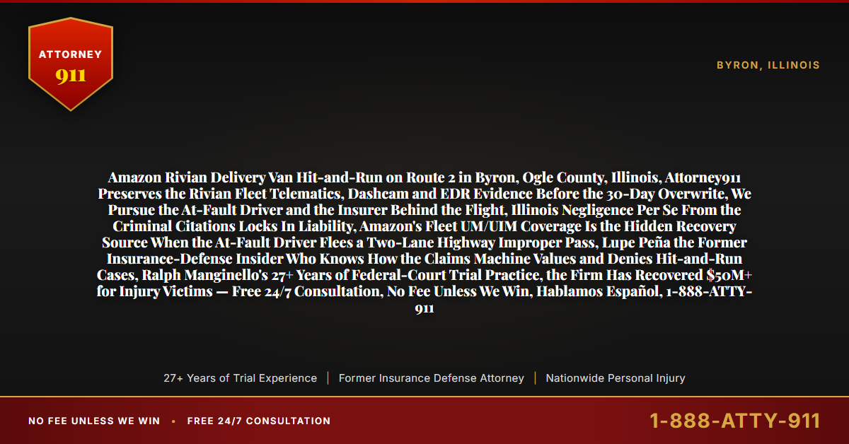 Amazon Rivian Delivery Van Hit-and-Run on Route 2 in Byron, Ogle County, Illinois, Attorney911 Preserves the Rivian Fleet Telematics, Dashcam and EDR Evidence Before the 30-Day Overwrite, We Pursue the At-Fault Driver and the Insurer Behind the Flight, Illinois Negligence Per Se From the Criminal Citations Locks In Liability, Amazon's Fleet UM/UIM Coverage Is the Hidden Recovery Source When the At-Fault Driver Flees a Two-Lane Highway Improper Pass, Lupe Peña the Former Insurance-Defense Insider Who Knows How the Claims Machine Values and Denies Hit-and-Run Cases, Ralph Manginello's 27+ Years of Federal-Court Trial Practice, the Firm Has Recovered $50M+ for Injury Victims — Free 24/7 Consultation, No Fee Unless We Win, Hablamos Español, 1-888-ATTY-911 - Attorney911