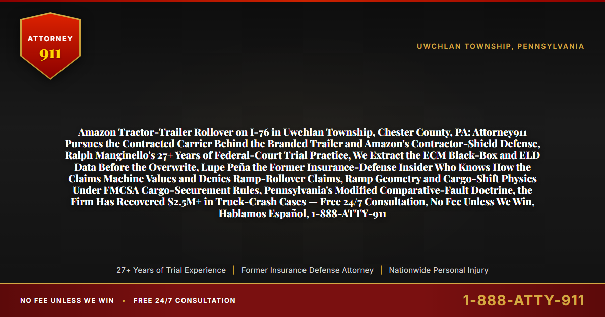 Amazon Tractor-Trailer Rollover on I-76 in Uwchlan Township, Chester County, PA: Attorney911 Pursues the Contracted Carrier Behind the Branded Trailer and Amazon's Contractor-Shield Defense, Ralph Manginello's 27+ Years of Federal-Court Trial Practice, We Extract the ECM Black-Box and ELD Data Before the Overwrite, Lupe Peña the Former Insurance-Defense Insider Who Knows How the Claims Machine Values and Denies Ramp-Rollover Claims, Ramp Geometry and Cargo-Shift Physics Under FMCSA Cargo-Securement Rules, Pennsylvania's Modified Comparative-Fault Doctrine, the Firm Has Recovered $2.5M+ in Truck-Crash Cases — Free 24/7 Consultation, No Fee Unless We Win, Hablamos Español, 1-888-ATTY-911 - Attorney911