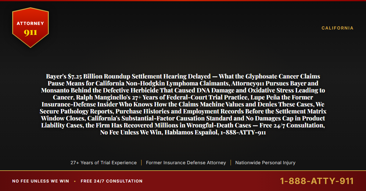 Bayer's $7.25 Billion Roundup Settlement Hearing Delayed — What the Glyphosate Cancer Claims Pause Means for California Non-Hodgkin Lymphoma Claimants, Attorney911 Pursues Bayer and Monsanto Behind the Defective Herbicide That Caused DNA Damage and Oxidative Stress Leading to Cancer, Ralph Manginello's 27+ Years of Federal-Court Trial Practice, Lupe Peña the Former Insurance-Defense Insider Who Knows How the Claims Machine Values and Denies These Cases, We Secure Pathology Reports, Purchase Histories and Employment Records Before the Settlement Matrix Window Closes, California's Substantial-Factor Causation Standard and No Damages Cap in Product Liability Cases, the Firm Has Recovered Millions in Wrongful-Death Cases — Free 24/7 Consultation, No Fee Unless We Win, Hablamos Español, 1-888-ATTY-911 - Attorney911