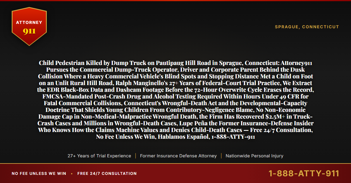 Child Pedestrian Killed by Dump Truck on Pautipaug Hill Road in Sprague, Connecticut: Attorney911 Pursues the Commercial Dump-Truck Operator, Driver and Corporate Parent Behind the Dusk Collision Where a Heavy Commercial Vehicle's Blind Spots and Stopping Distance Met a Child on Foot on an Unlit Rural Hill Road, Ralph Manginello's 27+ Years of Federal-Court Trial Practice, We Extract the EDR Black-Box Data and Dashcam Footage Before the 72-Hour Overwrite Cycle Erases the Record, FMCSA-Mandated Post-Crash Drug and Alcohol Testing Required Within Hours Under 49 CFR for Fatal Commercial Collisions, Connecticut's Wrongful-Death Act and the Developmental-Capacity Doctrine That Shields Young Children From Contributory-Negligence Blame, No Non-Economic Damage Cap in Non-Medical-Malpractice Wrongful Death, the Firm Has Recovered $2.5M+ in Truck-Crash Cases and Millions in Wrongful-Death Cases, Lupe Peña the Former Insurance-Defense Insider Who Knows How the Claims Machine Values and Denies Child-Death Cases — Free 24/7 Consultation, No Fee Unless We Win, Hablamos Español, 1-888-ATTY-911 - Attorney911