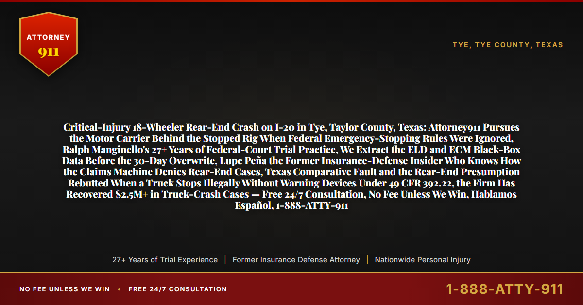 Critical-Injury 18-Wheeler Rear-End Crash on I-20 in Tye, Taylor County, Texas: Attorney911 Pursues the Motor Carrier Behind the Stopped Rig When Federal Emergency-Stopping Rules Were Ignored, Ralph Manginello's 27+ Years of Federal-Court Trial Practice, We Extract the ELD and ECM Black-Box Data Before the 30-Day Overwrite, Lupe Peña the Former Insurance-Defense Insider Who Knows How the Claims Machine Denies Rear-End Cases, Texas Comparative Fault and the Rear-End Presumption Rebutted When a Truck Stops Illegally Without Warning Devices Under 49 CFR 392.22, the Firm Has Recovered $2.5M+ in Truck-Crash Cases — Free 24/7 Consultation, No Fee Unless We Win, Hablamos Español, 1-888-ATTY-911 - Attorney911