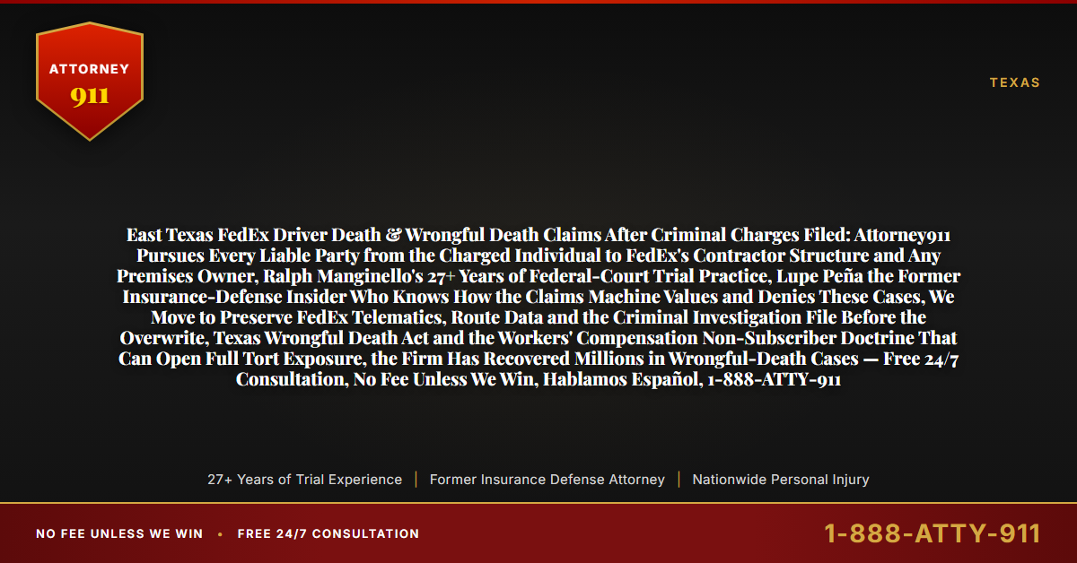 East Texas FedEx Driver Death & Wrongful Death Claims After Criminal Charges Filed: Attorney911 Pursues Every Liable Party from the Charged Individual to FedEx's Contractor Structure and Any Premises Owner, Ralph Manginello's 27+ Years of Federal-Court Trial Practice, Lupe Peña the Former Insurance-Defense Insider Who Knows How the Claims Machine Values and Denies These Cases, We Move to Preserve FedEx Telematics, Route Data and the Criminal Investigation File Before the Overwrite, Texas Wrongful Death Act and the Workers' Compensation Non-Subscriber Doctrine That Can Open Full Tort Exposure, the Firm Has Recovered Millions in Wrongful-Death Cases — Free 24/7 Consultation, No Fee Unless We Win, Hablamos Español, 1-888-ATTY-911 - Attorney911