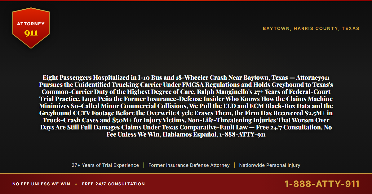 Eight Passengers Hospitalized in I-10 Bus and 18-Wheeler Crash Near Baytown, Texas — Attorney911 Pursues the Unidentified Trucking Carrier Under FMCSA Regulations and Holds Greyhound to Texas's Common-Carrier Duty of the Highest Degree of Care, Ralph Manginello's 27+ Years of Federal-Court Trial Practice, Lupe Peña the Former Insurance-Defense Insider Who Knows How the Claims Machine Minimizes So-Called Minor Commercial Collisions, We Pull the ELD and ECM Black-Box Data and the Greyhound CCTV Footage Before the Overwrite Cycle Erases Them, the Firm Has Recovered $2.5M+ in Truck-Crash Cases and $50M+ for Injury Victims, Non-Life-Threatening Injuries That Worsen Over Days Are Still Full Damages Claims Under Texas Comparative-Fault Law — Free 24/7 Consultation, No Fee Unless We Win, Hablamos Español, 1-888-ATTY-911 - Attorney911
