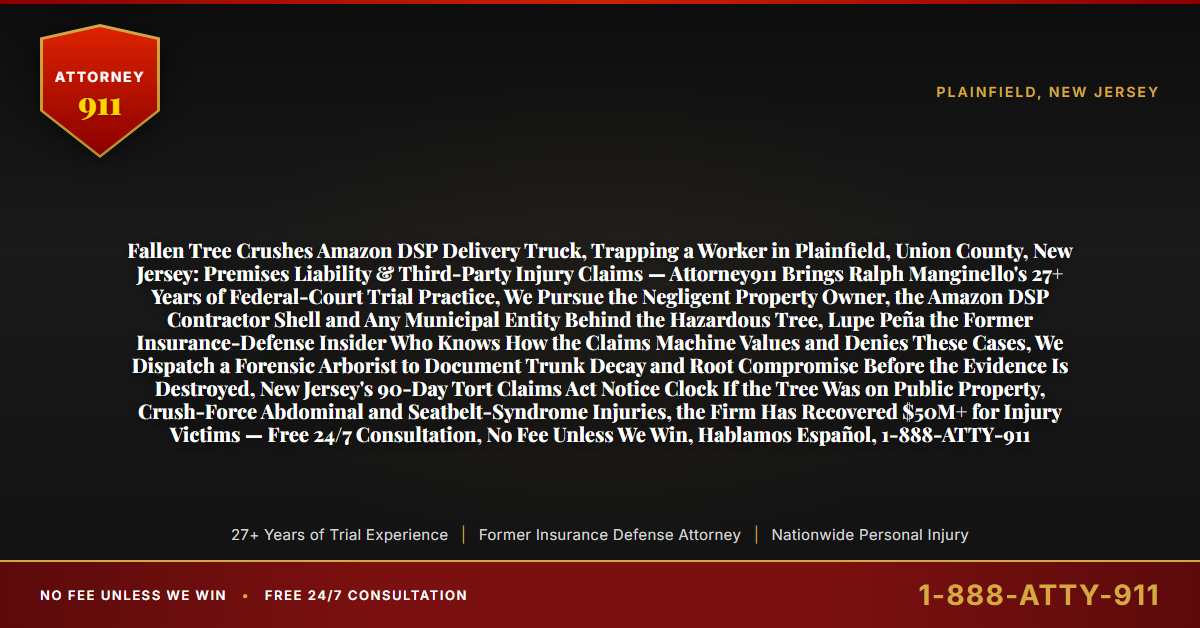 Fallen Tree Crushes Amazon DSP Delivery Truck, Trapping a Worker in Plainfield, Union County, New Jersey: Premises Liability & Third-Party Injury Claims — Attorney911 Brings Ralph Manginello's 27+ Years of Federal-Court Trial Practice, We Pursue the Negligent Property Owner, the Amazon DSP Contractor Shell and Any Municipal Entity Behind the Hazardous Tree, Lupe Peña the Former Insurance-Defense Insider Who Knows How the Claims Machine Values and Denies These Cases, We Dispatch a Forensic Arborist to Document Trunk Decay and Root Compromise Before the Evidence Is Destroyed, New Jersey's 90-Day Tort Claims Act Notice Clock If the Tree Was on Public Property, Crush-Force Abdominal and Seatbelt-Syndrome Injuries, the Firm Has Recovered $50M+ for Injury Victims — Free 24/7 Consultation, No Fee Unless We Win, Hablamos Español, 1-888-ATTY-911 - Attorney911
