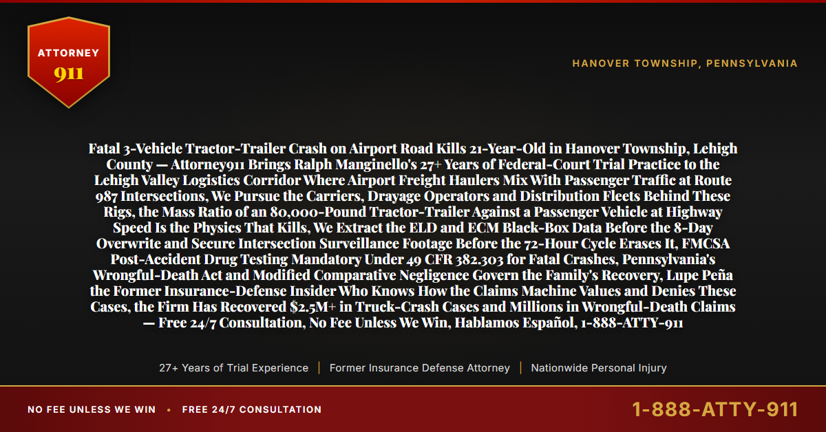 Fatal 3-Vehicle Tractor-Trailer Crash on Airport Road Kills 21-Year-Old in Hanover Township, Lehigh County — Attorney911 Brings Ralph Manginello's 27+ Years of Federal-Court Trial Practice to the Lehigh Valley Logistics Corridor Where Airport Freight Haulers Mix With Passenger Traffic at Route 987 Intersections, We Pursue the Carriers, Drayage Operators and Distribution Fleets Behind These Rigs, the Mass Ratio of an 80,000-Pound Tractor-Trailer Against a Passenger Vehicle at Highway Speed Is the Physics That Kills, We Extract the ELD and ECM Black-Box Data Before the 8-Day Overwrite and Secure Intersection Surveillance Footage Before the 72-Hour Cycle Erases It, FMCSA Post-Accident Drug Testing Mandatory Under 49 CFR 382.303 for Fatal Crashes, Pennsylvania's Wrongful-Death Act and Modified Comparative Negligence Govern the Family's Recovery, Lupe Peña the Former Insurance-Defense Insider Who Knows How the Claims Machine Values and Denies These Cases, the Firm Has Recovered $2.5M+ in Truck-Crash Cases and Millions in Wrongful-Death Claims — Free 24/7 Consultation, No Fee Unless We Win, Hablamos Español, 1-888-ATTY-911 - Attorney911