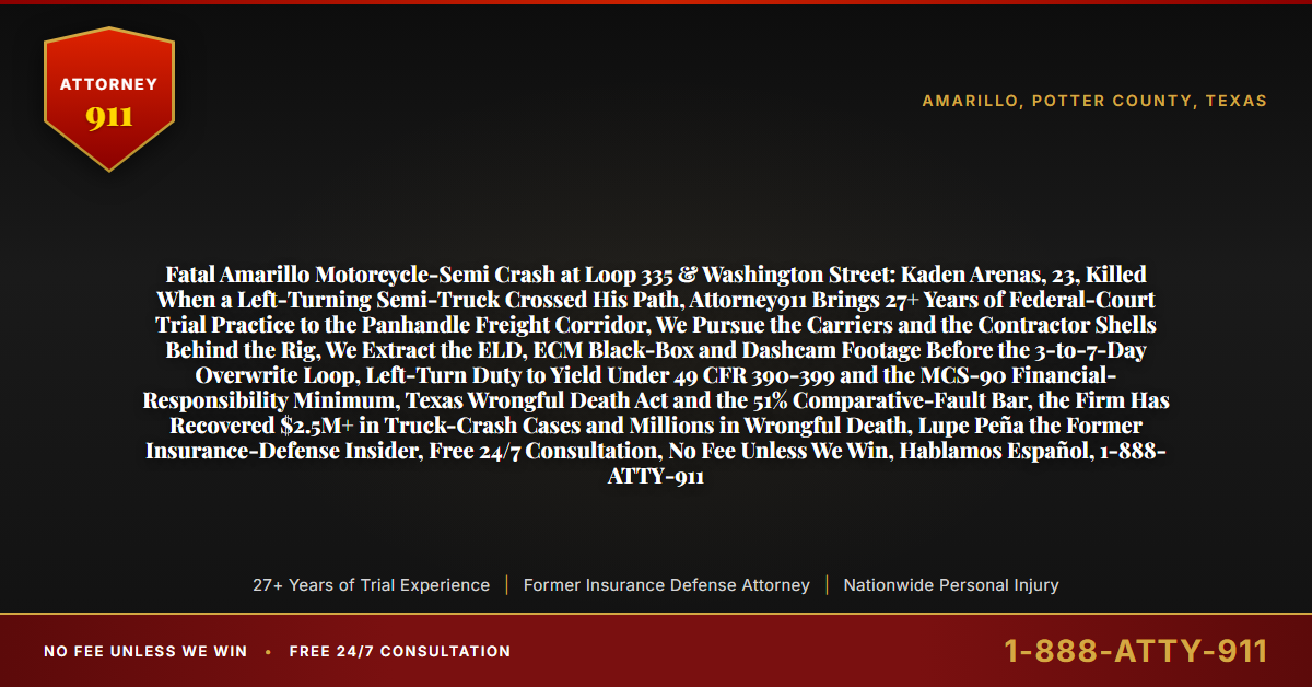 Fatal Amarillo Motorcycle-Semi Crash at Loop 335 & Washington Street: Kaden Arenas, 23, Killed When a Left-Turning Semi-Truck Crossed His Path, Attorney911 Brings 27+ Years of Federal-Court Trial Practice to the Panhandle Freight Corridor, We Pursue the Carriers and the Contractor Shells Behind the Rig, We Extract the ELD, ECM Black-Box and Dashcam Footage Before the 3-to-7-Day Overwrite Loop, Left-Turn Duty to Yield Under 49 CFR 390-399 and the MCS-90 Financial-Responsibility Minimum, Texas Wrongful Death Act and the 51% Comparative-Fault Bar, the Firm Has Recovered $2.5M+ in Truck-Crash Cases and Millions in Wrongful Death, Lupe Peña the Former Insurance-Defense Insider, Free 24/7 Consultation, No Fee Unless We Win, Hablamos Español, 1-888-ATTY-911 - Attorney911