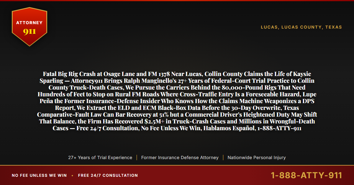 Fatal Big Rig Crash at Osage Lane and FM 1378 Near Lucas, Collin County Claims the Life of Kaysie Sparling — Attorney911 Brings Ralph Manginello's 27+ Years of Federal-Court Trial Practice to Collin County Truck-Death Cases, We Pursue the Carriers Behind the 80,000-Pound Rigs That Need Hundreds of Feet to Stop on Rural FM Roads Where Cross-Traffic Entry Is a Foreseeable Hazard, Lupe Peña the Former Insurance-Defense Insider Who Knows How the Claims Machine Weaponizes a DPS Report, We Extract the ELD and ECM Black-Box Data Before the 30-Day Overwrite, Texas Comparative-Fault Law Can Bar Recovery at 51% but a Commercial Driver's Heightened Duty May Shift That Balance, the Firm Has Recovered $2.5M+ in Truck-Crash Cases and Millions in Wrongful-Death Cases — Free 24/7 Consultation, No Fee Unless We Win, Hablamos Español, 1-888-ATTY-911 - Attorney911