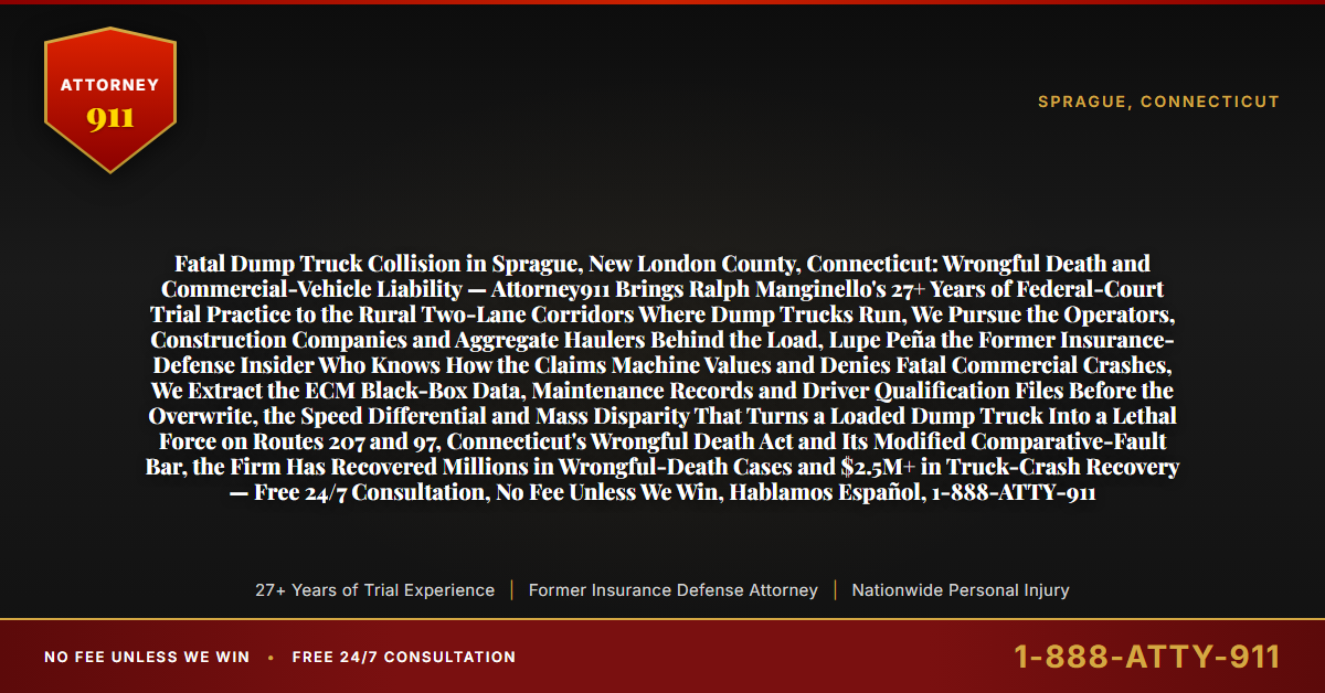 Fatal Dump Truck Collision in Sprague, New London County, Connecticut: Wrongful Death and Commercial-Vehicle Liability — Attorney911 Brings Ralph Manginello's 27+ Years of Federal-Court Trial Practice to the Rural Two-Lane Corridors Where Dump Trucks Run, We Pursue the Operators, Construction Companies and Aggregate Haulers Behind the Load, Lupe Peña the Former Insurance-Defense Insider Who Knows How the Claims Machine Values and Denies Fatal Commercial Crashes, We Extract the ECM Black-Box Data, Maintenance Records and Driver Qualification Files Before the Overwrite, the Speed Differential and Mass Disparity That Turns a Loaded Dump Truck Into a Lethal Force on Routes 207 and 97, Connecticut's Wrongful Death Act and Its Modified Comparative-Fault Bar, the Firm Has Recovered Millions in Wrongful-Death Cases and $2.5M+ in Truck-Crash Recovery — Free 24/7 Consultation, No Fee Unless We Win, Hablamos Español, 1-888-ATTY-911 - Attorney911