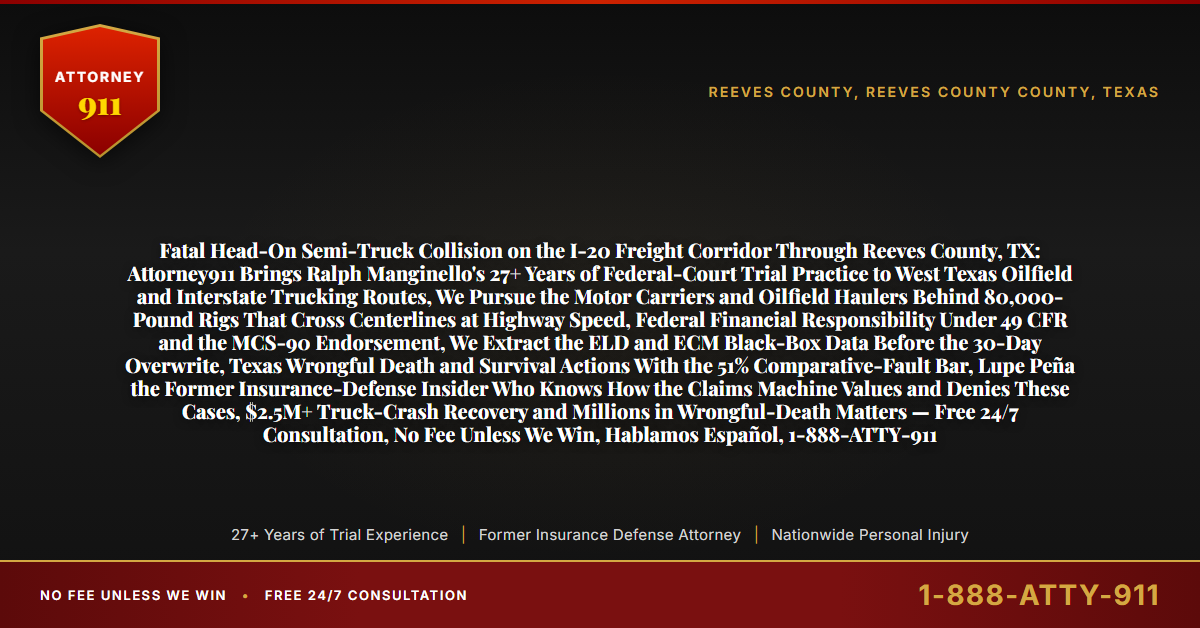 Fatal Head-On Semi-Truck Collision on the I-20 Freight Corridor Through Reeves County, TX: Attorney911 Brings Ralph Manginello's 27+ Years of Federal-Court Trial Practice to West Texas Oilfield and Interstate Trucking Routes, We Pursue the Motor Carriers and Oilfield Haulers Behind 80,000-Pound Rigs That Cross Centerlines at Highway Speed, Federal Financial Responsibility Under 49 CFR and the MCS-90 Endorsement, We Extract the ELD and ECM Black-Box Data Before the 30-Day Overwrite, Texas Wrongful Death and Survival Actions With the 51% Comparative-Fault Bar, Lupe Peña the Former Insurance-Defense Insider Who Knows How the Claims Machine Values and Denies These Cases, $2.5M+ Truck-Crash Recovery and Millions in Wrongful-Death Matters — Free 24/7 Consultation, No Fee Unless We Win, Hablamos Español, 1-888-ATTY-911 - Attorney911