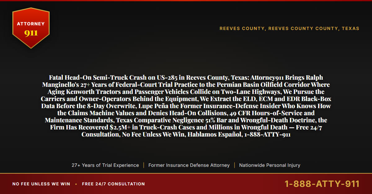 Fatal Head-On Semi-Truck Crash on US-285 in Reeves County, Texas: Attorney911 Brings Ralph Manginello's 27+ Years of Federal-Court Trial Practice to the Permian Basin Oilfield Corridor Where Aging Kenworth Tractors and Passenger Vehicles Collide on Two-Lane Highways, We Pursue the Carriers and Owner-Operators Behind the Equipment, We Extract the ELD, ECM and EDR Black-Box Data Before the 8-Day Overwrite, Lupe Peña the Former Insurance-Defense Insider Who Knows How the Claims Machine Values and Denies Head-On Collisions, 49 CFR Hours-of-Service and Maintenance Standards, Texas Comparative Negligence 51% Bar and Wrongful-Death Doctrine, the Firm Has Recovered $2.5M+ in Truck-Crash Cases and Millions in Wrongful Death — Free 24/7 Consultation, No Fee Unless We Win, Hablamos Español, 1-888-ATTY-911 - Attorney911
