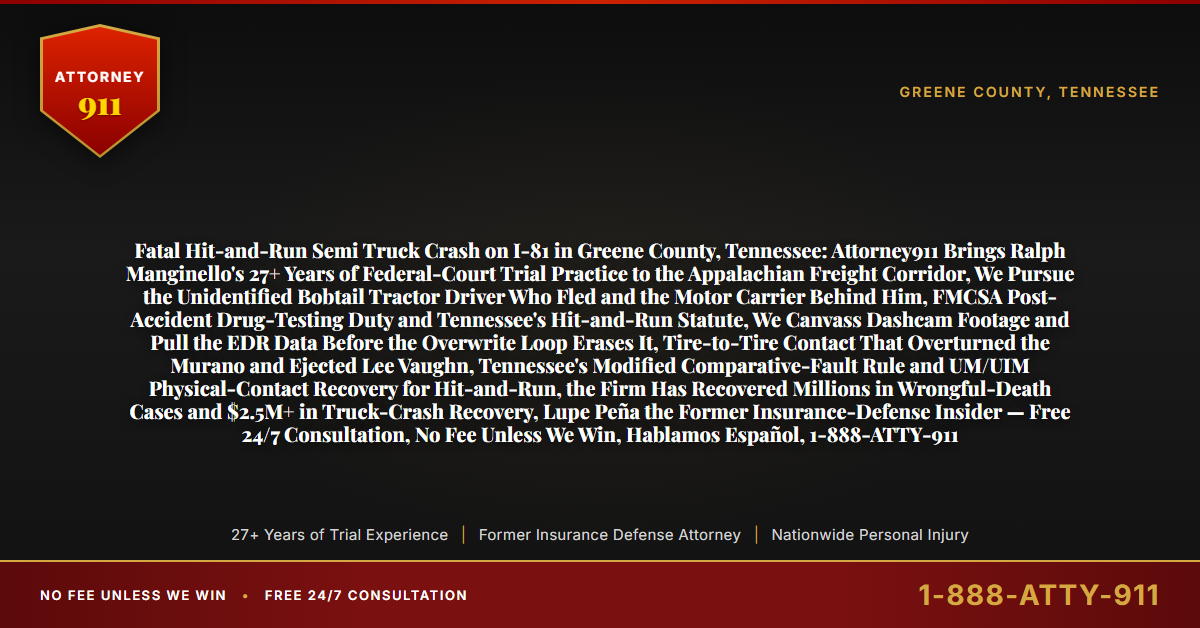 Fatal Hit-and-Run Semi Truck Crash on I-81 in Greene County, Tennessee: Attorney911 Brings Ralph Manginello's 27+ Years of Federal-Court Trial Practice to the Appalachian Freight Corridor, We Pursue the Unidentified Bobtail Tractor Driver Who Fled and the Motor Carrier Behind Him, FMCSA Post-Accident Drug-Testing Duty and Tennessee's Hit-and-Run Statute, We Canvass Dashcam Footage and Pull the EDR Data Before the Overwrite Loop Erases It, Tire-to-Tire Contact That Overturned the Murano and Ejected Lee Vaughn, Tennessee's Modified Comparative-Fault Rule and UM/UIM Physical-Contact Recovery for Hit-and-Run, the Firm Has Recovered Millions in Wrongful-Death Cases and $2.5M+ in Truck-Crash Recovery, Lupe Peña the Former Insurance-Defense Insider — Free 24/7 Consultation, No Fee Unless We Win, Hablamos Español, 1-888-ATTY-911 - Attorney911