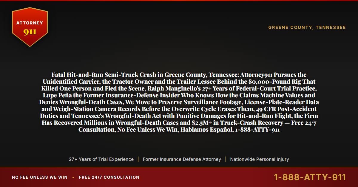 Fatal Hit-and-Run Semi-Truck Crash in Greene County, Tennessee: Attorney911 Pursues the Unidentified Carrier, the Tractor Owner and the Trailer Lessee Behind the 80,000-Pound Rig That Killed One Person and Fled the Scene, Ralph Manginello's 27+ Years of Federal-Court Trial Practice, Lupe Peña the Former Insurance-Defense Insider Who Knows How the Claims Machine Values and Denies Wrongful-Death Cases, We Move to Preserve Surveillance Footage, License-Plate-Reader Data and Weigh-Station Camera Records Before the Overwrite Cycle Erases Them, 49 CFR Post-Accident Duties and Tennessee's Wrongful-Death Act with Punitive Damages for Hit-and-Run Flight, the Firm Has Recovered Millions in Wrongful-Death Cases and $2.5M+ in Truck-Crash Recovery — Free 24/7 Consultation, No Fee Unless We Win, Hablamos Español, 1-888-ATTY-911 - Attorney911