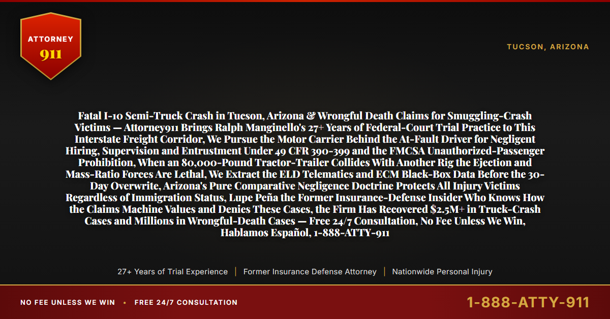 Fatal I-10 Semi-Truck Crash in Tucson, Arizona & Wrongful Death Claims for Smuggling-Crash Victims — Attorney911 Brings Ralph Manginello's 27+ Years of Federal-Court Trial Practice to This Interstate Freight Corridor, We Pursue the Motor Carrier Behind the At-Fault Driver for Negligent Hiring, Supervision and Entrustment Under 49 CFR 390-399 and the FMCSA Unauthorized-Passenger Prohibition, When an 80,000-Pound Tractor-Trailer Collides With Another Rig the Ejection and Mass-Ratio Forces Are Lethal, We Extract the ELD Telematics and ECM Black-Box Data Before the 30-Day Overwrite, Arizona's Pure Comparative Negligence Doctrine Protects All Injury Victims Regardless of Immigration Status, Lupe Peña the Former Insurance-Defense Insider Who Knows How the Claims Machine Values and Denies These Cases, the Firm Has Recovered $2.5M+ in Truck-Crash Cases and Millions in Wrongful-Death Cases — Free 24/7 Consultation, No Fee Unless We Win, Hablamos Español, 1-888-ATTY-911 - Attorney911