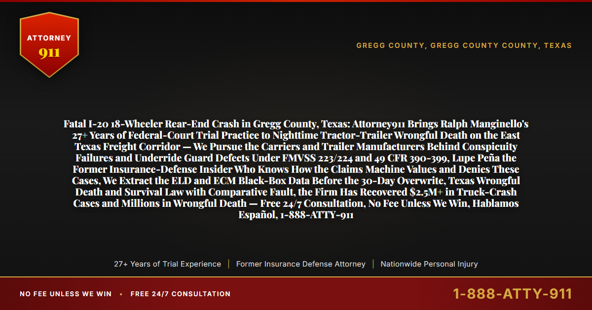 Fatal I-20 18-Wheeler Rear-End Crash in Gregg County, Texas: Attorney911 Brings Ralph Manginello's 27+ Years of Federal-Court Trial Practice to Nighttime Tractor-Trailer Wrongful Death on the East Texas Freight Corridor — We Pursue the Carriers and Trailer Manufacturers Behind Conspicuity Failures and Underride Guard Defects Under FMVSS 223/224 and 49 CFR 390-399, Lupe Peña the Former Insurance-Defense Insider Who Knows How the Claims Machine Values and Denies These Cases, We Extract the ELD and ECM Black-Box Data Before the 30-Day Overwrite, Texas Wrongful Death and Survival Law with Comparative Fault, the Firm Has Recovered $2.5M+ in Truck-Crash Cases and Millions in Wrongful Death — Free 24/7 Consultation, No Fee Unless We Win, Hablamos Español, 1-888-ATTY-911 - Attorney911