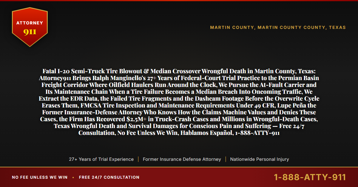 Fatal I-20 Semi-Truck Tire Blowout & Median Crossover Wrongful Death in Martin County, Texas: Attorney911 Brings Ralph Manginello's 27+ Years of Federal-Court Trial Practice to the Permian Basin Freight Corridor Where Oilfield Haulers Run Around the Clock, We Pursue the At-Fault Carrier and Its Maintenance Chain When a Tire Failure Becomes a Median Breach Into Oncoming Traffic, We Extract the EDR Data, the Failed Tire Fragments and the Dashcam Footage Before the Overwrite Cycle Erases Them, FMCSA Tire Inspection and Maintenance Requirements Under 49 CFR, Lupe Peña the Former Insurance-Defense Attorney Who Knows How the Claims Machine Values and Denies These Cases, the Firm Has Recovered $2.5M+ in Truck-Crash Cases and Millions in Wrongful-Death Cases, Texas Wrongful Death and Survival Damages for Conscious Pain and Suffering — Free 24/7 Consultation, No Fee Unless We Win, Hablamos Español, 1-888-ATTY-911 - Attorney911