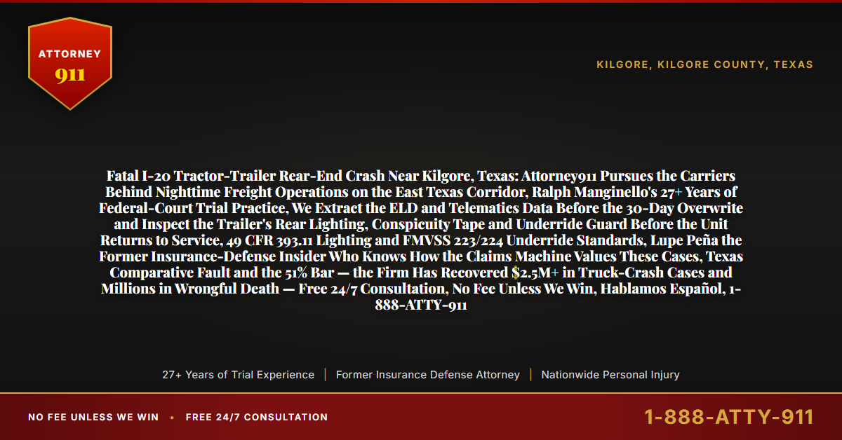 Fatal I-20 Tractor-Trailer Rear-End Crash Near Kilgore, Texas: Attorney911 Pursues the Carriers Behind Nighttime Freight Operations on the East Texas Corridor, Ralph Manginello's 27+ Years of Federal-Court Trial Practice, We Extract the ELD and Telematics Data Before the 30-Day Overwrite and Inspect the Trailer's Rear Lighting, Conspicuity Tape and Underride Guard Before the Unit Returns to Service, 49 CFR 393.11 Lighting and FMVSS 223/224 Underride Standards, Lupe Peña the Former Insurance-Defense Insider Who Knows How the Claims Machine Values These Cases, Texas Comparative Fault and the 51% Bar — the Firm Has Recovered $2.5M+ in Truck-Crash Cases and Millions in Wrongful Death — Free 24/7 Consultation, No Fee Unless We Win, Hablamos Español, 1-888-ATTY-911 - Attorney911