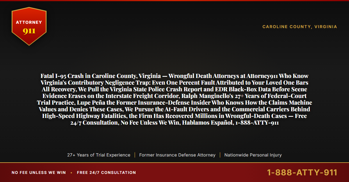 Fatal I-95 Crash in Caroline County, Virginia — Wrongful Death Attorneys at Attorney911 Who Know Virginia's Contributory Negligence Trap: Even One Percent Fault Attributed to Your Loved One Bars All Recovery, We Pull the Virginia State Police Crash Report and EDR Black-Box Data Before Scene Evidence Erases on the Interstate Freight Corridor, Ralph Manginello's 27+ Years of Federal-Court Trial Practice, Lupe Peña the Former Insurance-Defense Insider Who Knows How the Claims Machine Values and Denies These Cases, We Pursue the At-Fault Drivers and the Commercial Carriers Behind High-Speed Highway Fatalities, the Firm Has Recovered Millions in Wrongful-Death Cases — Free 24/7 Consultation, No Fee Unless We Win, Hablamos Español, 1-888-ATTY-911 - Attorney911