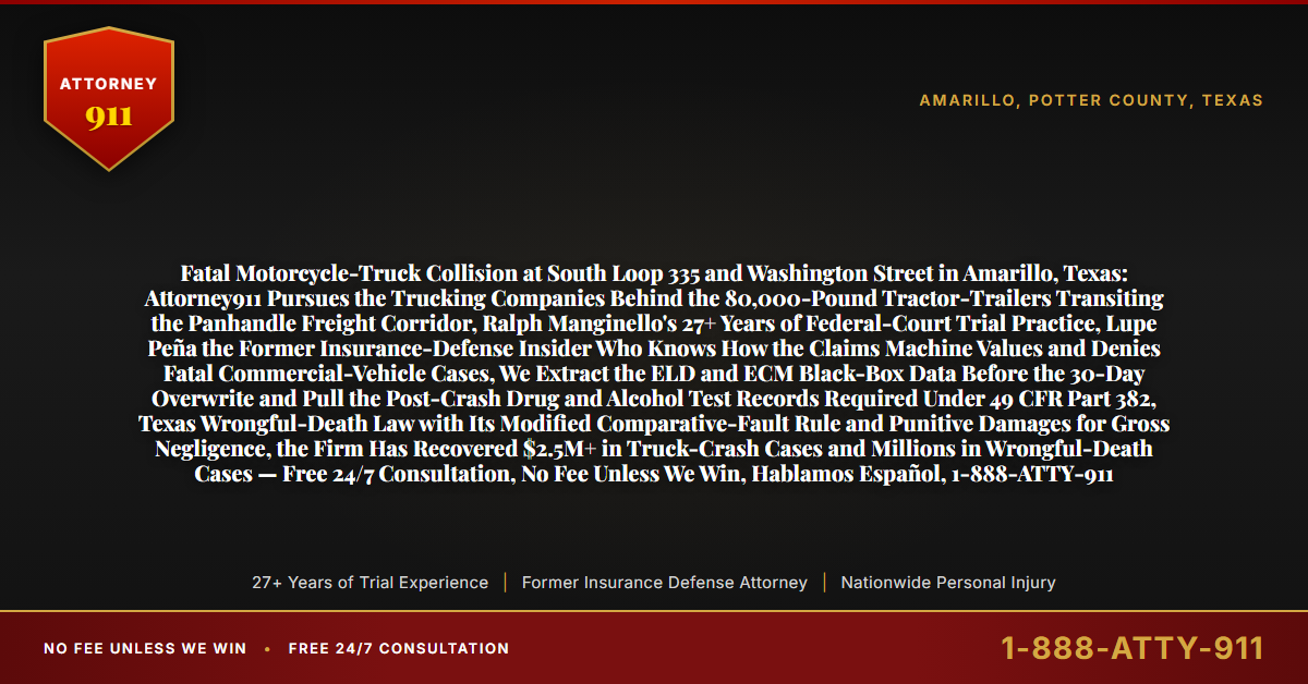 Fatal Motorcycle-Truck Collision at South Loop 335 and Washington Street in Amarillo, Texas: Attorney911 Pursues the Trucking Companies Behind the 80,000-Pound Tractor-Trailers Transiting the Panhandle Freight Corridor, Ralph Manginello's 27+ Years of Federal-Court Trial Practice, Lupe Peña the Former Insurance-Defense Insider Who Knows How the Claims Machine Values and Denies Fatal Commercial-Vehicle Cases, We Extract the ELD and ECM Black-Box Data Before the 30-Day Overwrite and Pull the Post-Crash Drug and Alcohol Test Records Required Under 49 CFR Part 382, Texas Wrongful-Death Law with Its Modified Comparative-Fault Rule and Punitive Damages for Gross Negligence, the Firm Has Recovered $2.5M+ in Truck-Crash Cases and Millions in Wrongful-Death Cases — Free 24/7 Consultation, No Fee Unless We Win, Hablamos Español, 1-888-ATTY-911 - Attorney911