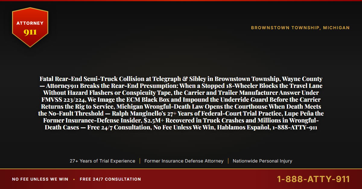 Fatal Rear-End Semi-Truck Collision at Telegraph & Sibley in Brownstown Township, Wayne County — Attorney911 Breaks the Rear-End Presumption: When a Stopped 18-Wheeler Blocks the Travel Lane Without Hazard Flashers or Conspicuity Tape, the Carrier and Trailer Manufacturer Answer Under FMVSS 223/224, We Image the ECM Black Box and Impound the Underride Guard Before the Carrier Returns the Rig to Service, Michigan Wrongful-Death Law Opens the Courthouse When Death Meets the No-Fault Threshold — Ralph Manginello's 27+ Years of Federal-Court Trial Practice, Lupe Peña the Former Insurance-Defense Insider, $2.5M+ Recovered in Truck Crashes and Millions in Wrongful-Death Cases — Free 24/7 Consultation, No Fee Unless We Win, Hablamos Español, 1-888-ATTY-911 - Attorney911