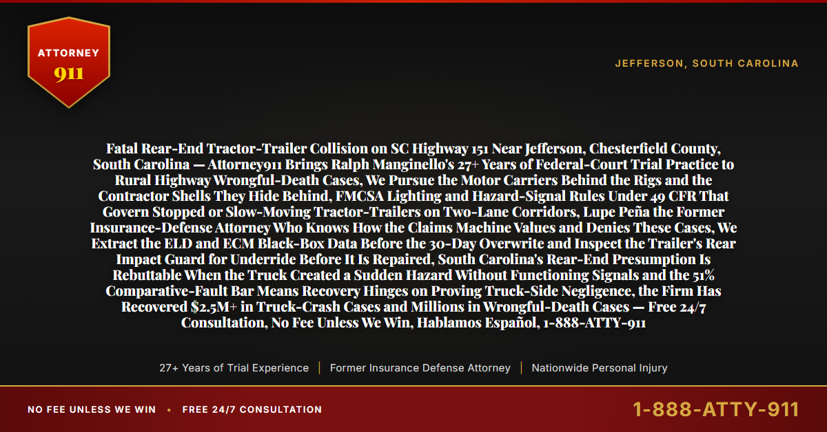 Fatal Rear-End Tractor-Trailer Collision on SC Highway 151 Near Jefferson, Chesterfield County, South Carolina — Attorney911 Brings Ralph Manginello's 27+ Years of Federal-Court Trial Practice to Rural Highway Wrongful-Death Cases, We Pursue the Motor Carriers Behind the Rigs and the Contractor Shells They Hide Behind, FMCSA Lighting and Hazard-Signal Rules Under 49 CFR That Govern Stopped or Slow-Moving Tractor-Trailers on Two-Lane Corridors, Lupe Peña the Former Insurance-Defense Attorney Who Knows How the Claims Machine Values and Denies These Cases, We Extract the ELD and ECM Black-Box Data Before the 30-Day Overwrite and Inspect the Trailer's Rear Impact Guard for Underride Before It Is Repaired, South Carolina's Rear-End Presumption Is Rebuttable When the Truck Created a Sudden Hazard Without Functioning Signals and the 51% Comparative-Fault Bar Means Recovery Hinges on Proving Truck-Side Negligence, the Firm Has Recovered $2.5M+ in Truck-Crash Cases and Millions in Wrongful-Death Cases — Free 24/7 Consultation, No Fee Unless We Win, Hablamos Español, 1-888-ATTY-911 - Attorney911