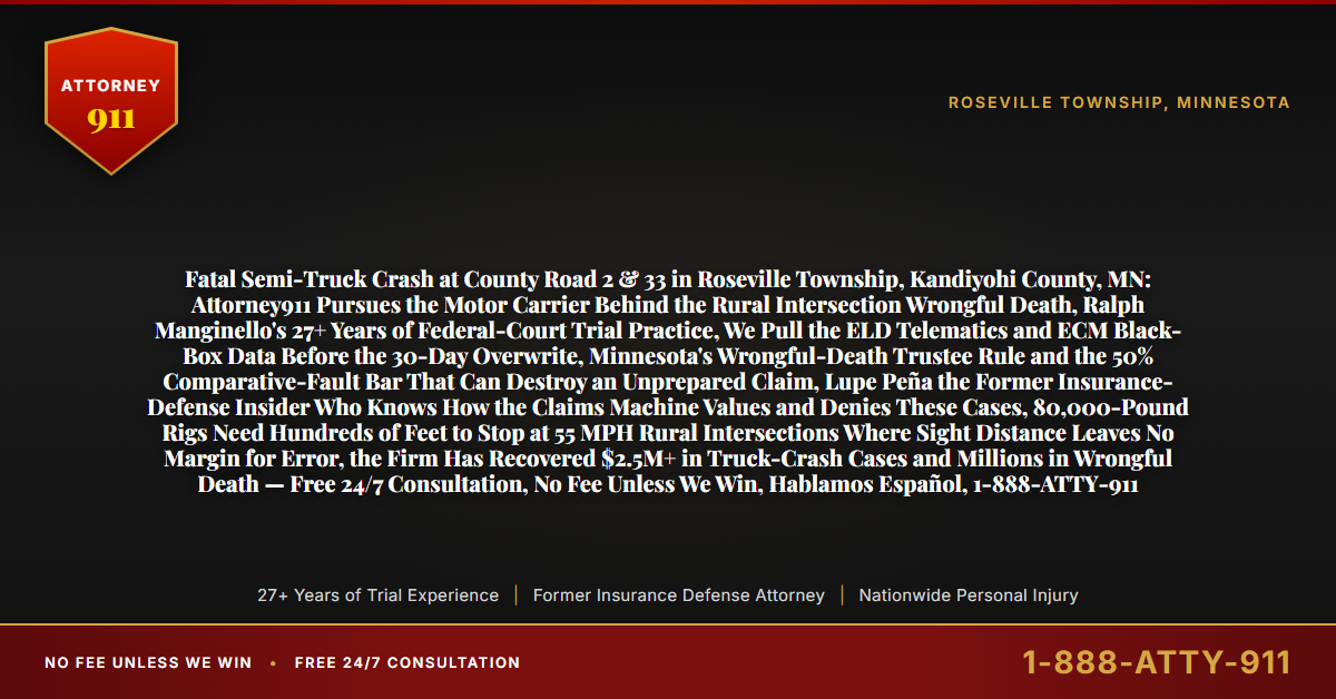 Fatal Semi-Truck Crash at County Road 2 & 33 in Roseville Township, Kandiyohi County, MN: Attorney911 Pursues the Motor Carrier Behind the Rural Intersection Wrongful Death, Ralph Manginello's 27+ Years of Federal-Court Trial Practice, We Pull the ELD Telematics and ECM Black-Box Data Before the 30-Day Overwrite, Minnesota's Wrongful-Death Trustee Rule and the 50% Comparative-Fault Bar That Can Destroy an Unprepared Claim, Lupe Peña the Former Insurance-Defense Insider Who Knows How the Claims Machine Values and Denies These Cases, 80,000-Pound Rigs Need Hundreds of Feet to Stop at 55 MPH Rural Intersections Where Sight Distance Leaves No Margin for Error, the Firm Has Recovered $2.5M+ in Truck-Crash Cases and Millions in Wrongful Death — Free 24/7 Consultation, No Fee Unless We Win, Hablamos Español, 1-888-ATTY-911 - Attorney911