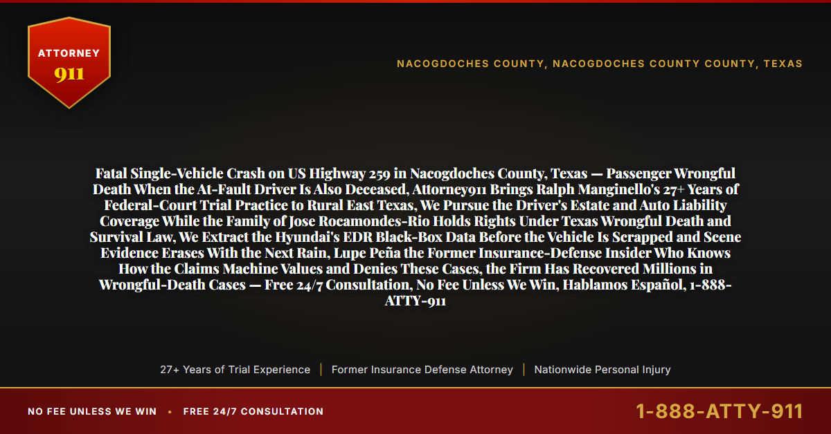 Fatal Single-Vehicle Crash on US Highway 259 in Nacogdoches County, Texas — Passenger Wrongful Death When the At-Fault Driver Is Also Deceased, Attorney911 Brings Ralph Manginello's 27+ Years of Federal-Court Trial Practice to Rural East Texas, We Pursue the Driver's Estate and Auto Liability Coverage While the Family of Jose Rocamondes-Rio Holds Rights Under Texas Wrongful Death and Survival Law, We Extract the Hyundai's EDR Black-Box Data Before the Vehicle Is Scrapped and Scene Evidence Erases With the Next Rain, Lupe Peña the Former Insurance-Defense Insider Who Knows How the Claims Machine Values and Denies These Cases, the Firm Has Recovered Millions in Wrongful-Death Cases — Free 24/7 Consultation, No Fee Unless We Win, Hablamos Español, 1-888-ATTY-911 - Attorney911