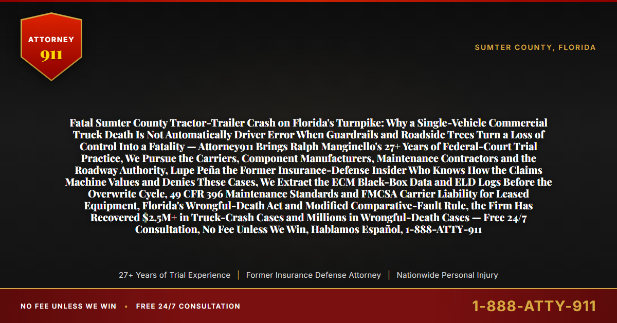 Fatal Sumter County Tractor-Trailer Crash on Florida's Turnpike: Why a Single-Vehicle Commercial Truck Death Is Not Automatically Driver Error When Guardrails and Roadside Trees Turn a Loss of Control Into a Fatality — Attorney911 Brings Ralph Manginello's 27+ Years of Federal-Court Trial Practice, We Pursue the Carriers, Component Manufacturers, Maintenance Contractors and the Roadway Authority, Lupe Peña the Former Insurance-Defense Insider Who Knows How the Claims Machine Values and Denies These Cases, We Extract the ECM Black-Box Data and ELD Logs Before the Overwrite Cycle, 49 CFR 396 Maintenance Standards and FMCSA Carrier Liability for Leased Equipment, Florida's Wrongful-Death Act and Modified Comparative-Fault Rule, the Firm Has Recovered $2.5M+ in Truck-Crash Cases and Millions in Wrongful-Death Cases — Free 24/7 Consultation, No Fee Unless We Win, Hablamos Español, 1-888-ATTY-911 - Attorney911