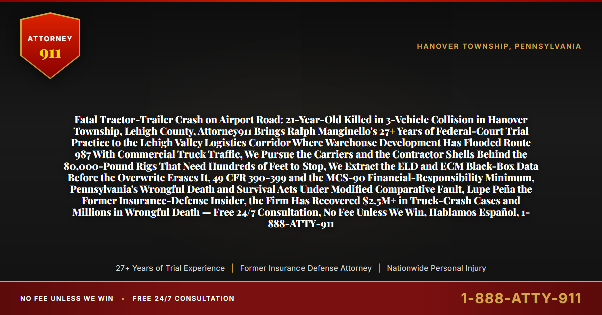 Fatal Tractor-Trailer Crash on Airport Road: 21-Year-Old Killed in 3-Vehicle Collision in Hanover Township, Lehigh County, Attorney911 Brings Ralph Manginello's 27+ Years of Federal-Court Trial Practice to the Lehigh Valley Logistics Corridor Where Warehouse Development Has Flooded Route 987 With Commercial Truck Traffic, We Pursue the Carriers and the Contractor Shells Behind the 80,000-Pound Rigs That Need Hundreds of Feet to Stop, We Extract the ELD and ECM Black-Box Data Before the Overwrite Erases It, 49 CFR 390-399 and the MCS-90 Financial-Responsibility Minimum, Pennsylvania's Wrongful Death and Survival Acts Under Modified Comparative Fault, Lupe Peña the Former Insurance-Defense Insider, the Firm Has Recovered $2.5M+ in Truck-Crash Cases and Millions in Wrongful Death — Free 24/7 Consultation, No Fee Unless We Win, Hablamos Español, 1-888-ATTY-911 - Attorney911