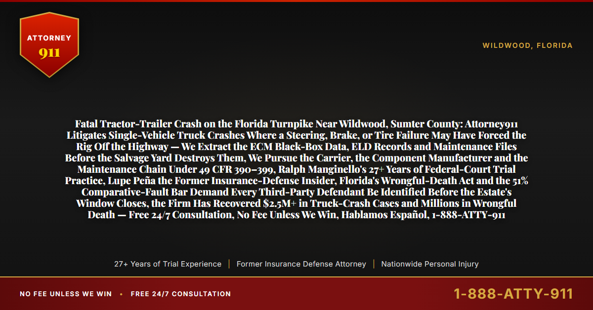 Fatal Tractor-Trailer Crash on the Florida Turnpike Near Wildwood, Sumter County: Attorney911 Litigates Single-Vehicle Truck Crashes Where a Steering, Brake, or Tire Failure May Have Forced the Rig Off the Highway — We Extract the ECM Black-Box Data, ELD Records and Maintenance Files Before the Salvage Yard Destroys Them, We Pursue the Carrier, the Component Manufacturer and the Maintenance Chain Under 49 CFR 390–399, Ralph Manginello's 27+ Years of Federal-Court Trial Practice, Lupe Peña the Former Insurance-Defense Insider, Florida's Wrongful-Death Act and the 51% Comparative-Fault Bar Demand Every Third-Party Defendant Be Identified Before the Estate's Window Closes, the Firm Has Recovered $2.5M+ in Truck-Crash Cases and Millions in Wrongful Death — Free 24/7 Consultation, No Fee Unless We Win, Hablamos Español, 1-888-ATTY-911 - Attorney911