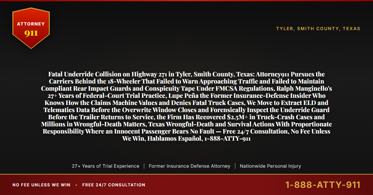 Fatal Underride Collision on Highway 271 in Tyler, Smith County, Texas: Attorney911 Pursues the Carriers Behind the 18-Wheeler That Failed to Warn Approaching Traffic and Failed to Maintain Compliant Rear Impact Guards and Conspicuity Tape Under FMCSA Regulations, Ralph Manginello's 27+ Years of Federal-Court Trial Practice, Lupe Peña the Former Insurance-Defense Insider Who Knows How the Claims Machine Values and Denies Fatal Truck Cases, We Move to Extract ELD and Telematics Data Before the Overwrite Window Closes and Forensically Inspect the Underride Guard Before the Trailer Returns to Service, the Firm Has Recovered $2.5M+ in Truck-Crash Cases and Millions in Wrongful-Death Matters, Texas Wrongful-Death and Survival Actions With Proportionate Responsibility Where an Innocent Passenger Bears No Fault — Free 24/7 Consultation, No Fee Unless We Win, Hablamos Español, 1-888-ATTY-911 - Attorney911