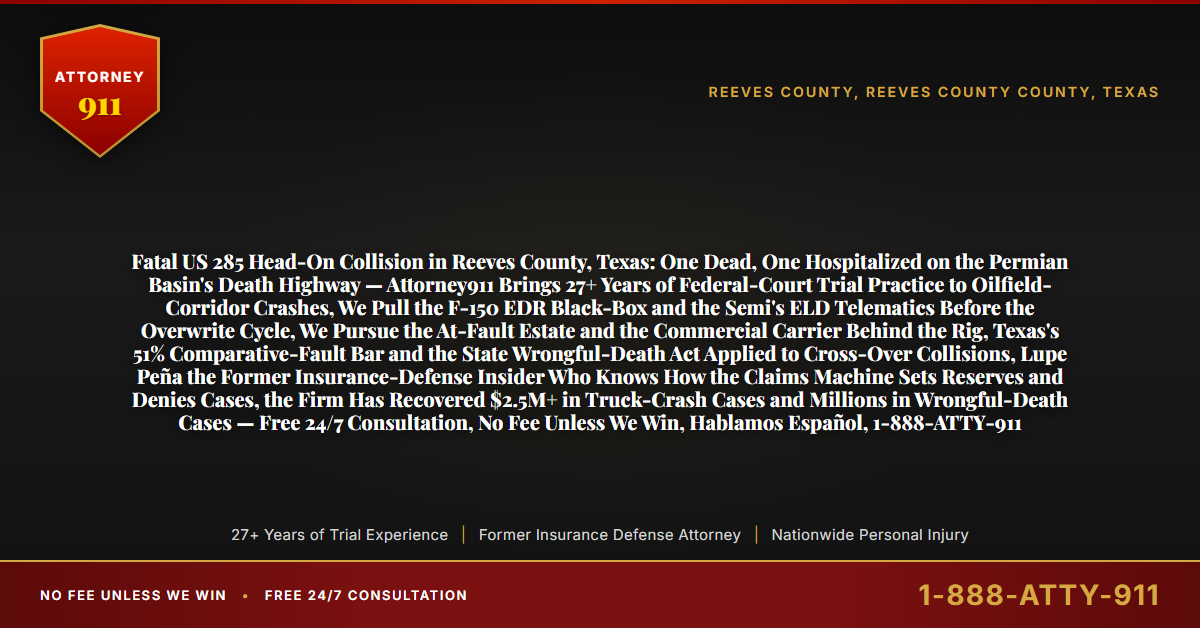 Fatal US 285 Head-On Collision in Reeves County, Texas: One Dead, One Hospitalized on the Permian Basin's Death Highway — Attorney911 Brings 27+ Years of Federal-Court Trial Practice to Oilfield-Corridor Crashes, We Pull the F-150 EDR Black-Box and the Semi's ELD Telematics Before the Overwrite Cycle, We Pursue the At-Fault Estate and the Commercial Carrier Behind the Rig, Texas's 51% Comparative-Fault Bar and the State Wrongful-Death Act Applied to Cross-Over Collisions, Lupe Peña the Former Insurance-Defense Insider Who Knows How the Claims Machine Sets Reserves and Denies Cases, the Firm Has Recovered $2.5M+ in Truck-Crash Cases and Millions in Wrongful-Death Cases — Free 24/7 Consultation, No Fee Unless We Win, Hablamos Español, 1-888-ATTY-911 - Attorney911