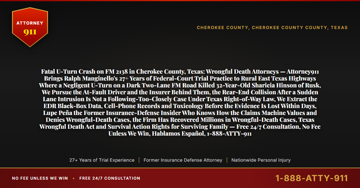 Fatal U-Turn Crash on FM 2138 in Cherokee County, Texas: Wrongful Death Attorneys — Attorney911 Brings Ralph Manginello's 27+ Years of Federal-Court Trial Practice to Rural East Texas Highways Where a Negligent U-Turn on a Dark Two-Lane FM Road Killed 32-Year-Old Sharicia Hinson of Rusk, We Pursue the At-Fault Driver and the Insurer Behind Them, the Rear-End Collision After a Sudden Lane Intrusion Is Not a Following-Too-Closely Case Under Texas Right-of-Way Law, We Extract the EDR Black-Box Data, Cell-Phone Records and Toxicology Before the Evidence Is Lost Within Days, Lupe Peña the Former Insurance-Defense Insider Who Knows How the Claims Machine Values and Denies Wrongful-Death Cases, the Firm Has Recovered Millions in Wrongful-Death Cases, Texas Wrongful Death Act and Survival Action Rights for Surviving Family — Free 24/7 Consultation, No Fee Unless We Win, Hablamos Español, 1-888-ATTY-911 - Attorney911