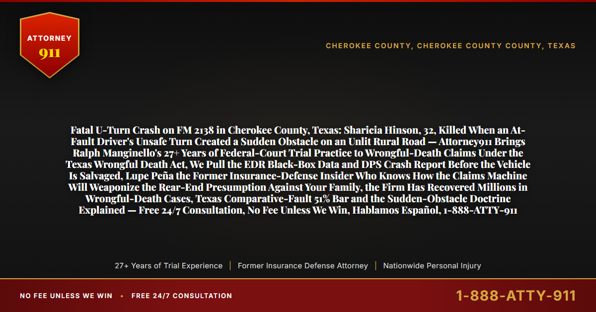 Fatal U-Turn Crash on FM 2138 in Cherokee County, Texas: Sharicia Hinson, 32, Killed When an At-Fault Driver's Unsafe Turn Created a Sudden Obstacle on an Unlit Rural Road — Attorney911 Brings Ralph Manginello's 27+ Years of Federal-Court Trial Practice to Wrongful-Death Claims Under the Texas Wrongful Death Act, We Pull the EDR Black-Box Data and DPS Crash Report Before the Vehicle Is Salvaged, Lupe Peña the Former Insurance-Defense Insider Who Knows How the Claims Machine Will Weaponize the Rear-End Presumption Against Your Family, the Firm Has Recovered Millions in Wrongful-Death Cases, Texas Comparative-Fault 51% Bar and the Sudden-Obstacle Doctrine Explained — Free 24/7 Consultation, No Fee Unless We Win, Hablamos Español, 1-888-ATTY-911 - Attorney911