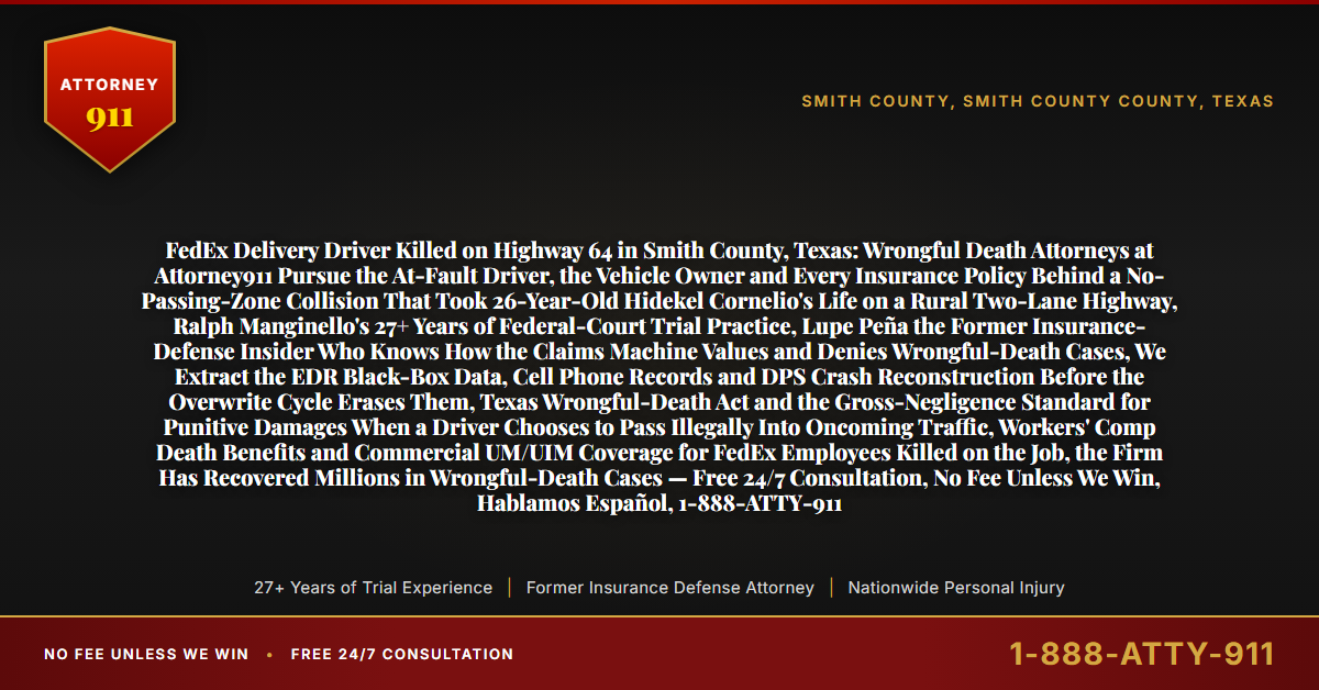 FedEx Delivery Driver Killed on Highway 64 in Smith County, Texas: Wrongful Death Attorneys at Attorney911 Pursue the At-Fault Driver, the Vehicle Owner and Every Insurance Policy Behind a No-Passing-Zone Collision That Took 26-Year-Old Hidekel Cornelio's Life on a Rural Two-Lane Highway, Ralph Manginello's 27+ Years of Federal-Court Trial Practice, Lupe Peña the Former Insurance-Defense Insider Who Knows How the Claims Machine Values and Denies Wrongful-Death Cases, We Extract the EDR Black-Box Data, Cell Phone Records and DPS Crash Reconstruction Before the Overwrite Cycle Erases Them, Texas Wrongful-Death Act and the Gross-Negligence Standard for Punitive Damages When a Driver Chooses to Pass Illegally Into Oncoming Traffic, Workers' Comp Death Benefits and Commercial UM/UIM Coverage for FedEx Employees Killed on the Job, the Firm Has Recovered Millions in Wrongful-Death Cases — Free 24/7 Consultation, No Fee Unless We Win, Hablamos Español, 1-888-ATTY-911 - Attorney911