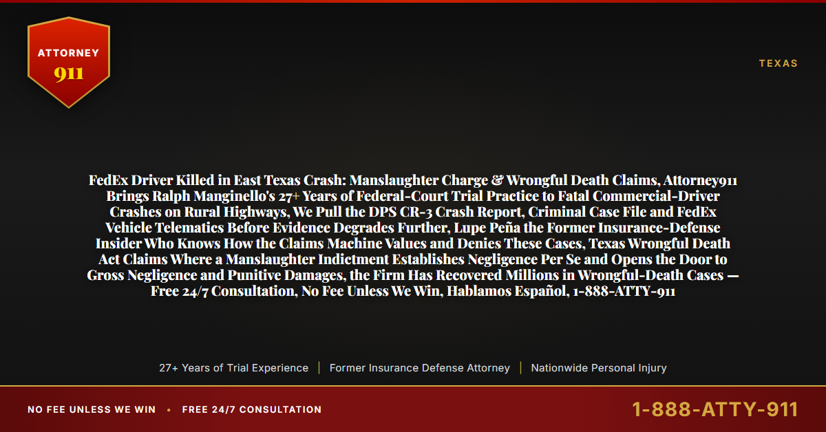 FedEx Driver Killed in East Texas Crash: Manslaughter Charge & Wrongful Death Claims, Attorney911 Brings Ralph Manginello's 27+ Years of Federal-Court Trial Practice to Fatal Commercial-Driver Crashes on Rural Highways, We Pull the DPS CR-3 Crash Report, Criminal Case File and FedEx Vehicle Telematics Before Evidence Degrades Further, Lupe Peña the Former Insurance-Defense Insider Who Knows How the Claims Machine Values and Denies These Cases, Texas Wrongful Death Act Claims Where a Manslaughter Indictment Establishes Negligence Per Se and Opens the Door to Gross Negligence and Punitive Damages, the Firm Has Recovered Millions in Wrongful-Death Cases — Free 24/7 Consultation, No Fee Unless We Win, Hablamos Español, 1-888-ATTY-911 - Attorney911
