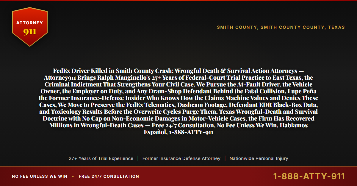 FedEx Driver Killed in Smith County Crash: Wrongful Death & Survival Action Attorneys — Attorney911 Brings Ralph Manginello's 27+ Years of Federal-Court Trial Practice to East Texas, the Criminal Indictment That Strengthens Your Civil Case, We Pursue the At-Fault Driver, the Vehicle Owner, the Employer on Duty, and Any Dram-Shop Defendant Behind the Fatal Collision, Lupe Peña the Former Insurance-Defense Insider Who Knows How the Claims Machine Values and Denies These Cases, We Move to Preserve the FedEx Telematics, Dashcam Footage, Defendant EDR Black-Box Data, and Toxicology Results Before the Overwrite Cycles Purge Them, Texas Wrongful-Death and Survival Doctrine with No Cap on Non-Economic Damages in Motor-Vehicle Cases, the Firm Has Recovered Millions in Wrongful-Death Cases — Free 24/7 Consultation, No Fee Unless We Win, Hablamos Español, 1-888-ATTY-911 - Attorney911