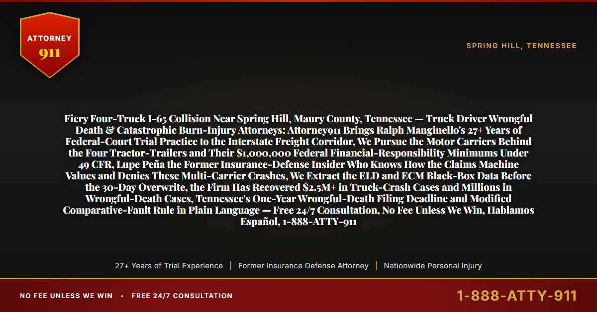 Fiery Four-Truck I-65 Collision Near Spring Hill, Maury County, Tennessee — Truck Driver Wrongful Death & Catastrophic Burn-Injury Attorneys: Attorney911 Brings Ralph Manginello's 27+ Years of Federal-Court Trial Practice to the Interstate Freight Corridor, We Pursue the Motor Carriers Behind the Four Tractor-Trailers and Their $1,000,000 Federal Financial-Responsibility Minimums Under 49 CFR, Lupe Peña the Former Insurance-Defense Insider Who Knows How the Claims Machine Values and Denies These Multi-Carrier Crashes, We Extract the ELD and ECM Black-Box Data Before the 30-Day Overwrite, the Firm Has Recovered $2.5M+ in Truck-Crash Cases and Millions in Wrongful-Death Cases, Tennessee's One-Year Wrongful-Death Filing Deadline and Modified Comparative-Fault Rule in Plain Language — Free 24/7 Consultation, No Fee Unless We Win, Hablamos Español, 1-888-ATTY-911 - Attorney911